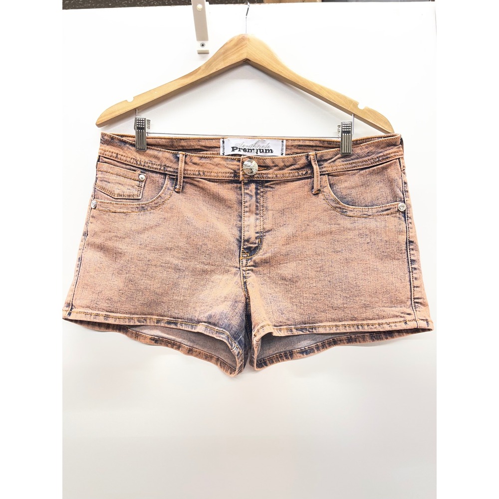 Southpole Premium Acid Wash Denim Shorts Orange Black Size 15 Low Rise Y2K